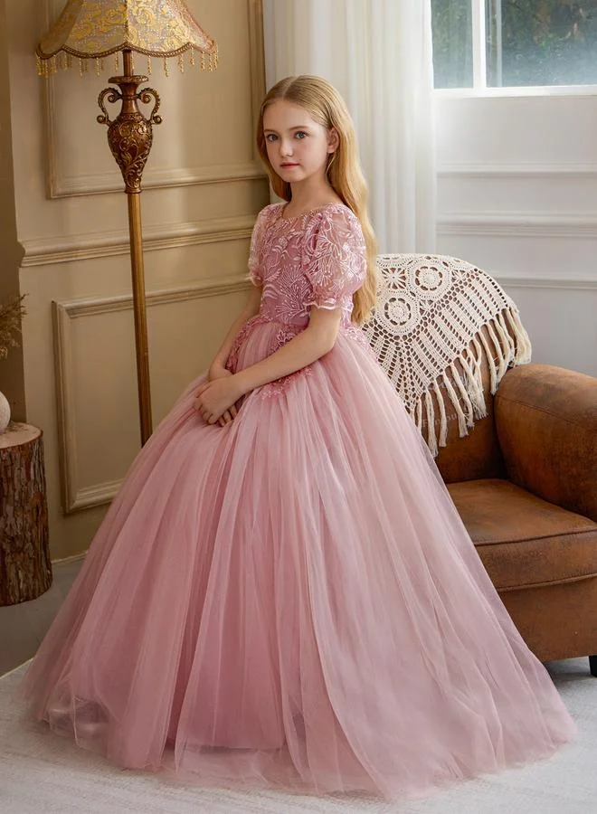 Take Two Girls Pink Floral Lace Puff Sleeve Maxi Dress